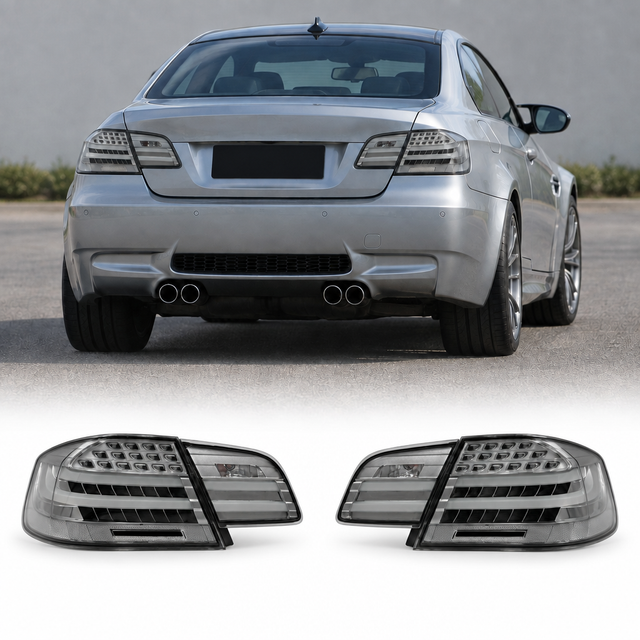 Silver BMW E92 M3 rear view with clear tail lights and matching left and right lamp assemblies