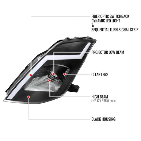 Nissan 350Z Switchback Sequential Animated LED Bar HID Projector Headlights (2003-2009) - K2 Industries