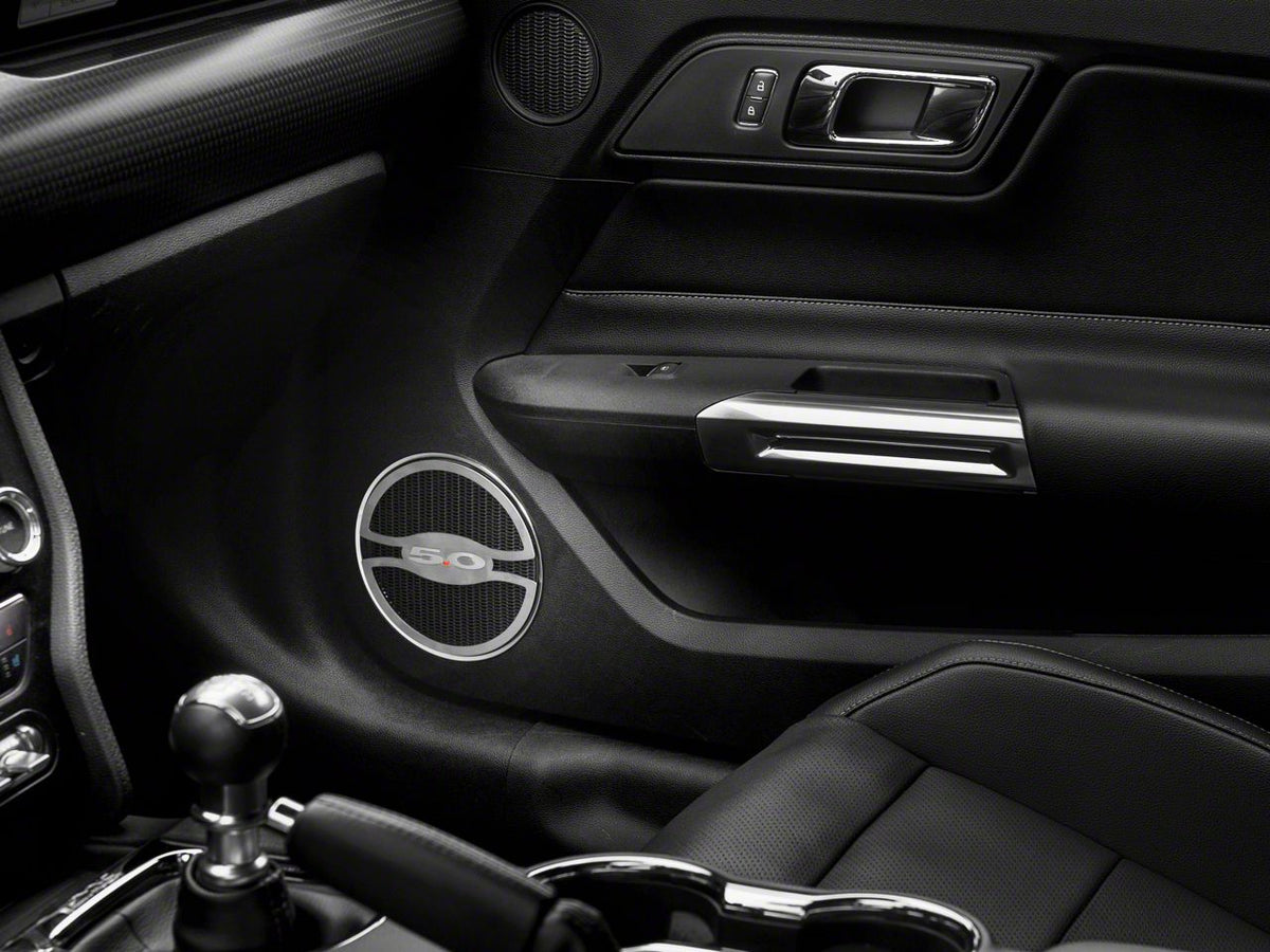 Speedform Lower Door Speaker Trim With 5.0 Logo; Brushed (15-23 Mustang Gt)