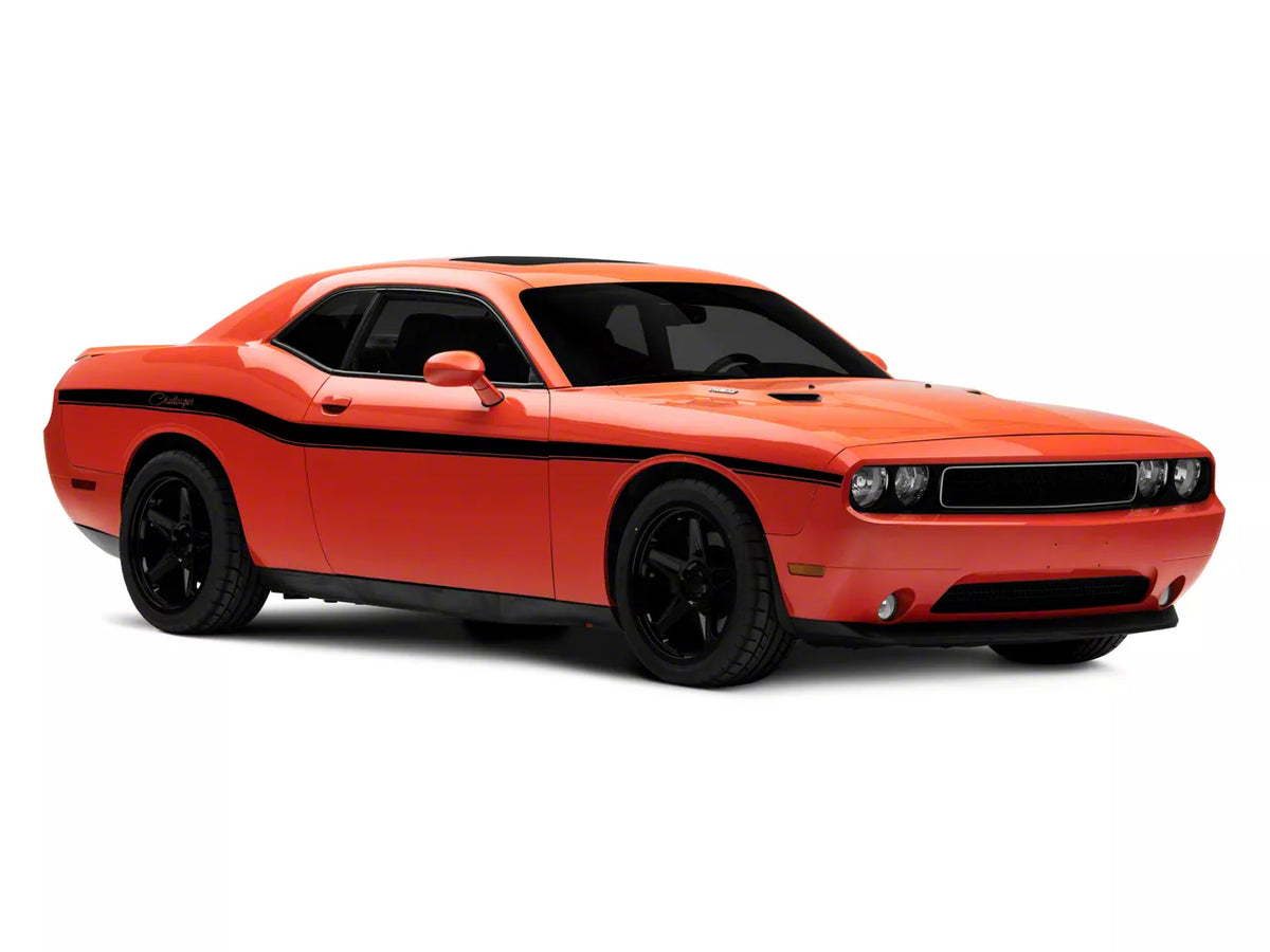 Mopar Licensed by SEC10 Lowerbelt Line Stripes with Challenger Script Logo; Gloss Black (08-13 Challenger)