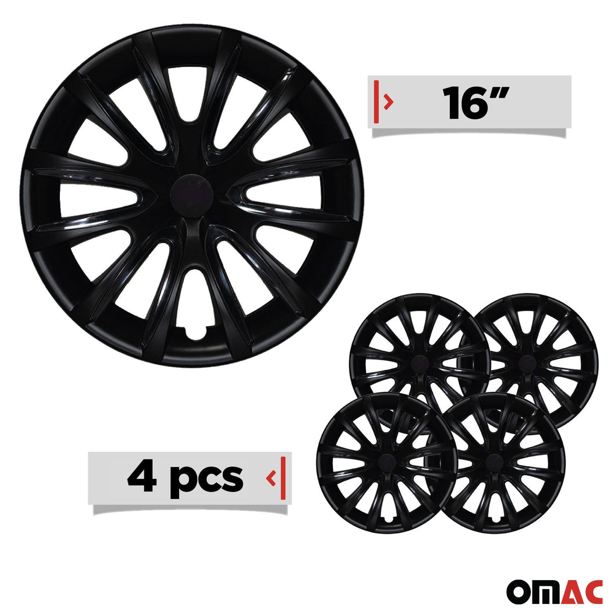 Bicolo Hub Caps Wheel Cover 16" Black Matt & Black Full Set 4 pcs.