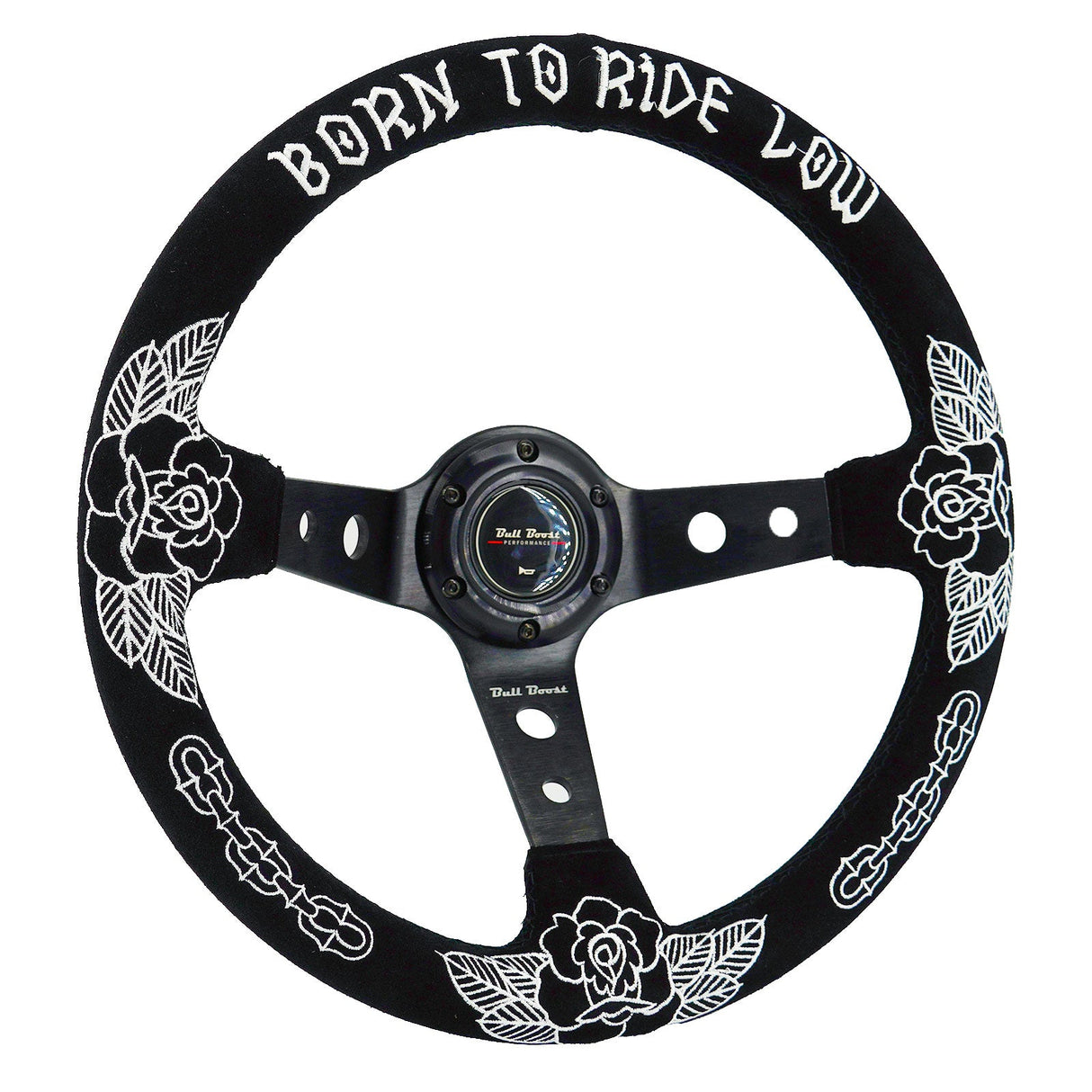Custom Rose Universal 350mm 3" Deep Dish 6-Bolt Steering Wheel Black Suede Alcantara