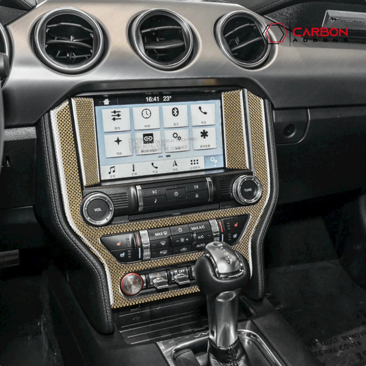 Reflective Carbon Fiber Multimedia Radio Trim Overlay for Mustang 2015-2023