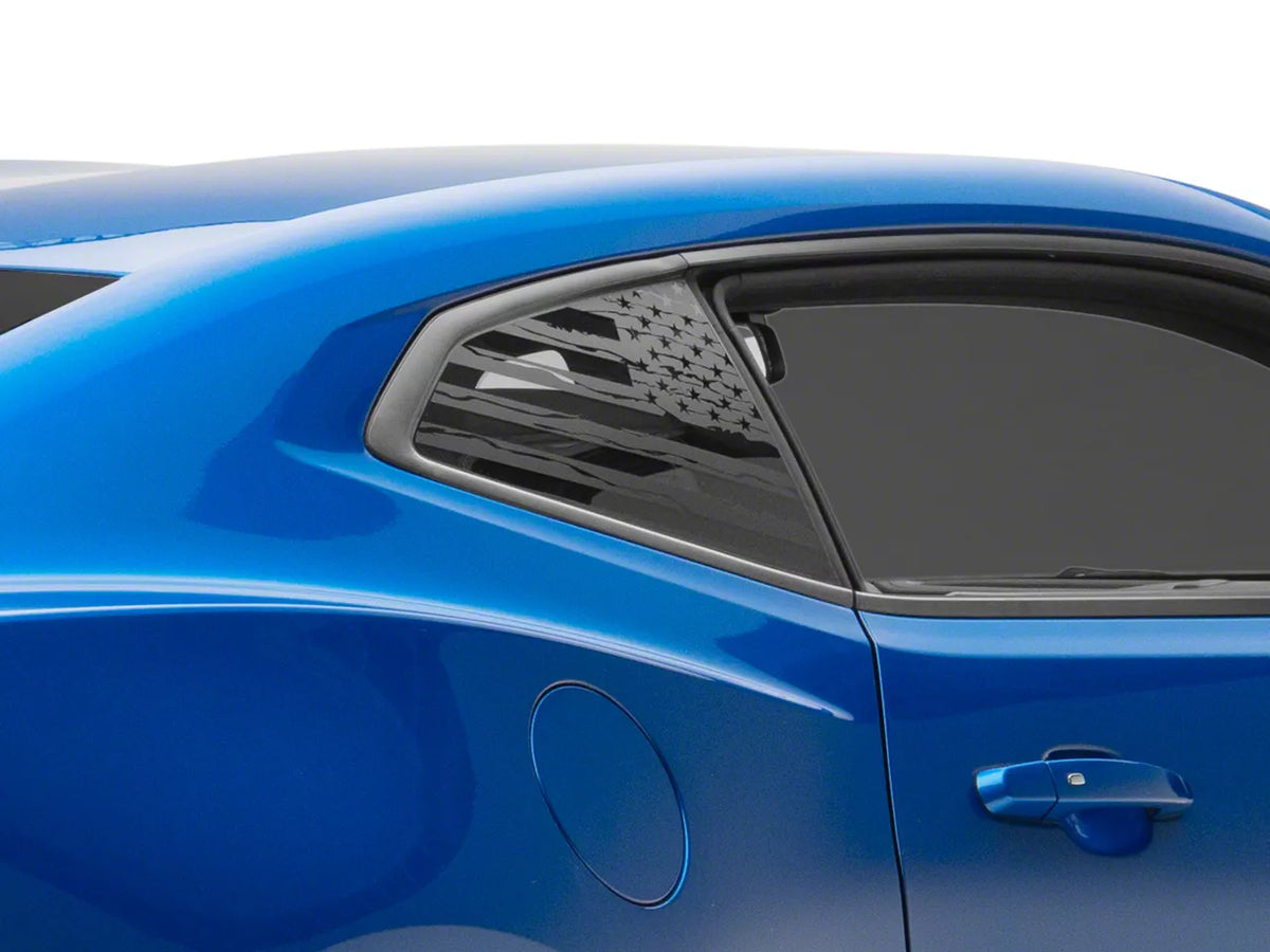 SEC10 Distressed Flag Quarter Window Decals; Matte Black (16-24 Camaro Coupe)