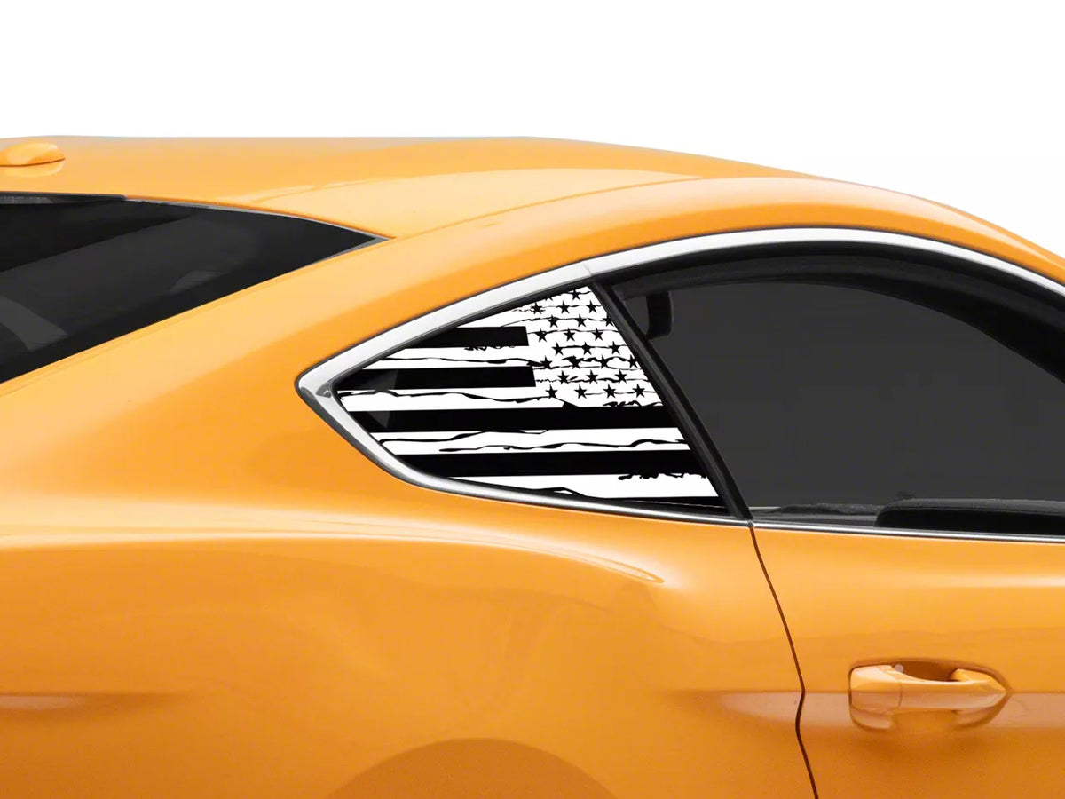 SEC10 Distressed Flag Quarter Window Decals; White (15-26 Mustang Fastback)