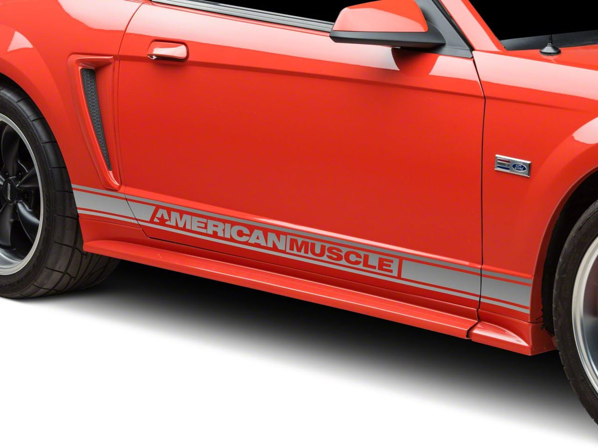 SEC10 Rocker Stripes with AmericanMuscle Logo; Silver (94-04 Mustang)