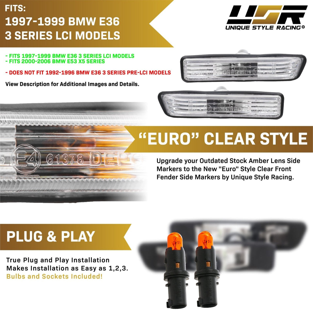1997-1999 BMW E36 & E53 X5 Crystal Smoke Side Marker Lights