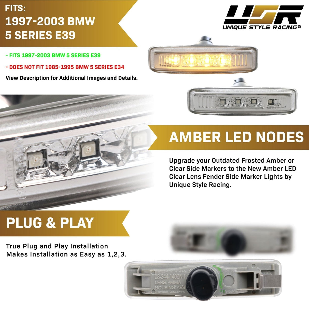 1997-2003 BMW E39 Smoke LED Amber Side Marker Lights