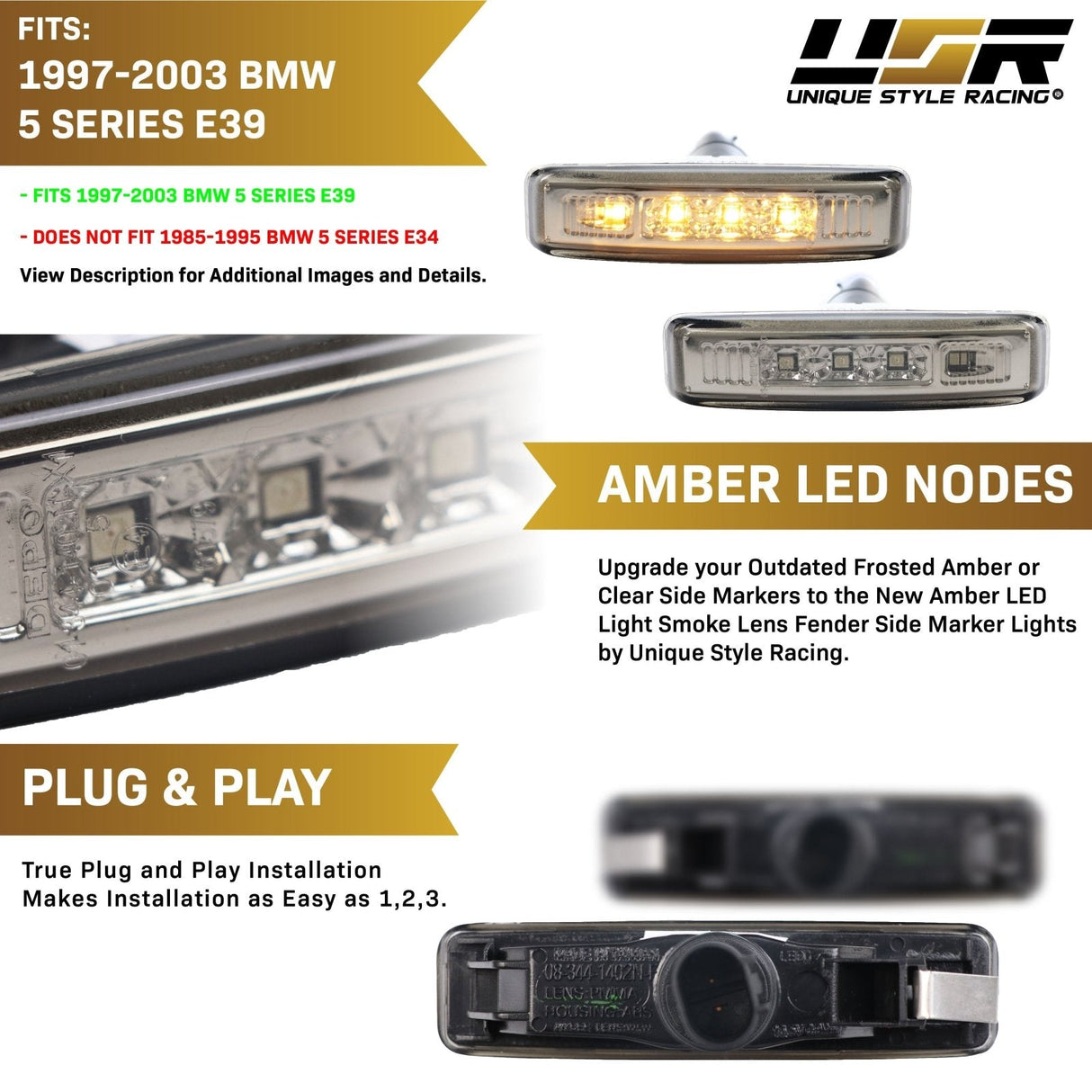 1997-2003 BMW E39 Smoke LED Amber Side Marker Lights
