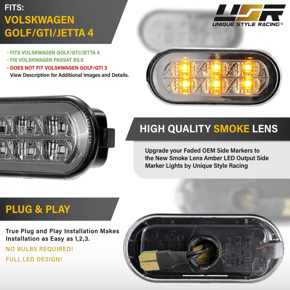 Volkswagen Golf GTI Jetta Passat Smoke Amber LED Side Marker Lights