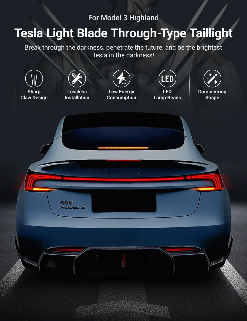 TESERY Starlink Full-Width Strip Taillight for Model 3 Highland