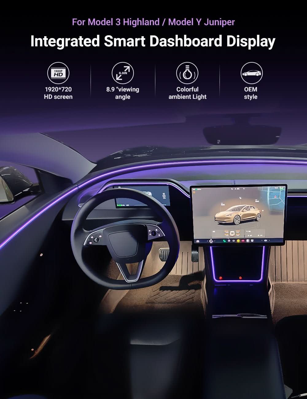TESERY 8.9'' Dashboard Display with Ambient Lighting for Model 3 Highland / Model Y Juniper
