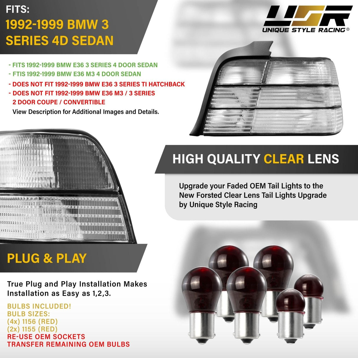 1992-1998 BMW E36 4 Door All Clear Tail Lights
