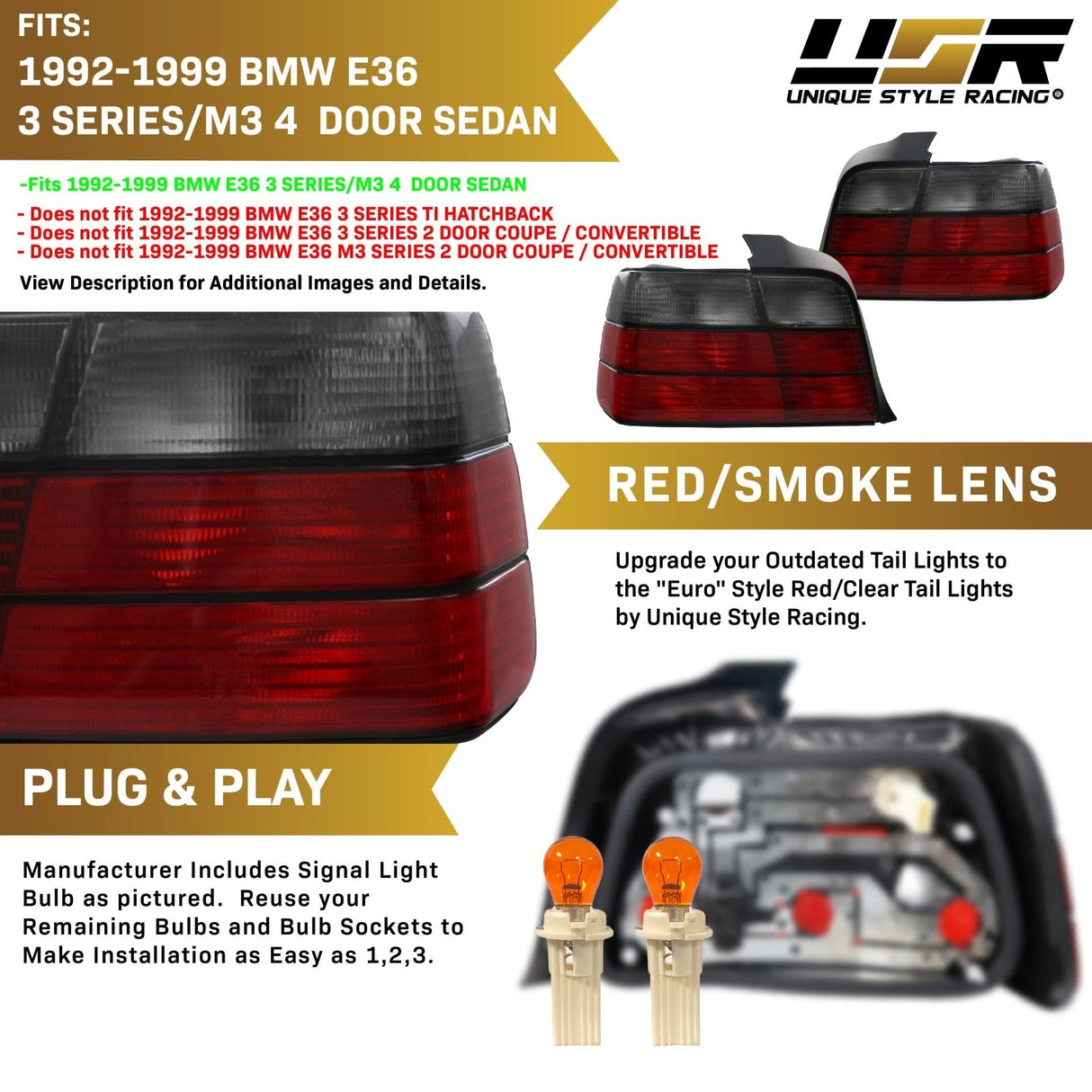 1992-1999 BMW E36 4D Smoke Tail Lights
