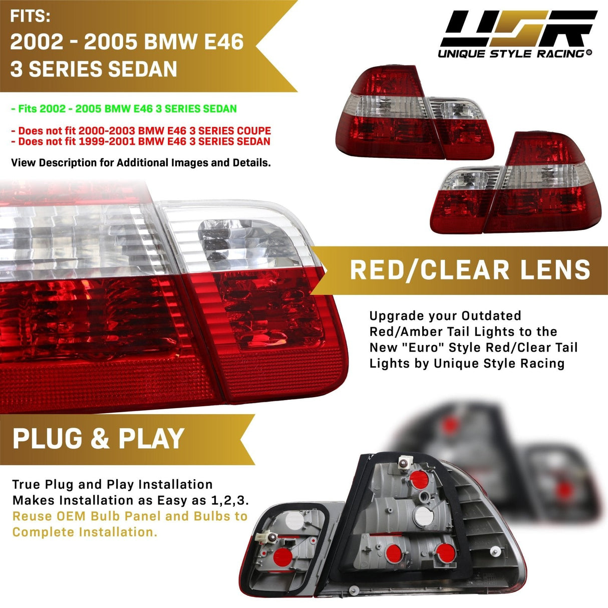 2002-2005 BMW E46 4D Red/Smoke/Red 4pcs Tail Lights