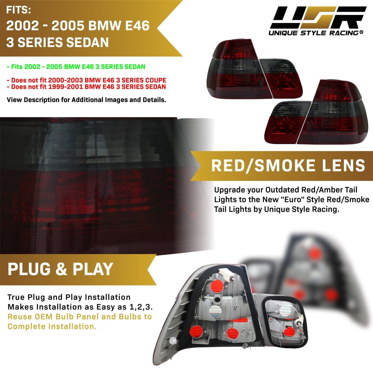 2002-2005 BMW E46 4D Red/Smoke/Red 4pcs Tail Lights