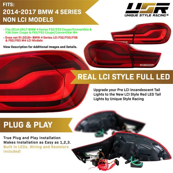 2014-2017 BMW 4 Series OE Style LED Light Bar Red Lens 4pcs Tail Light