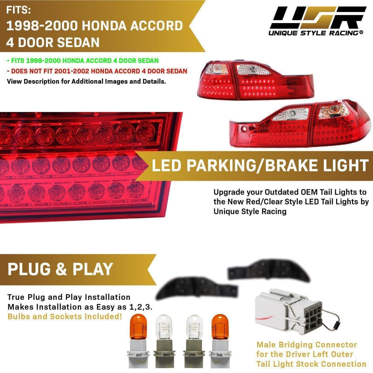 1998-2000 Honda Accord 4dr Red/Clear LED Tail Lights