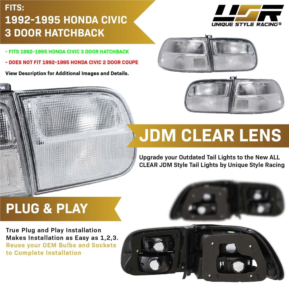 1992-1995 Honda Civic All Clear 4 Piece Tail Lights