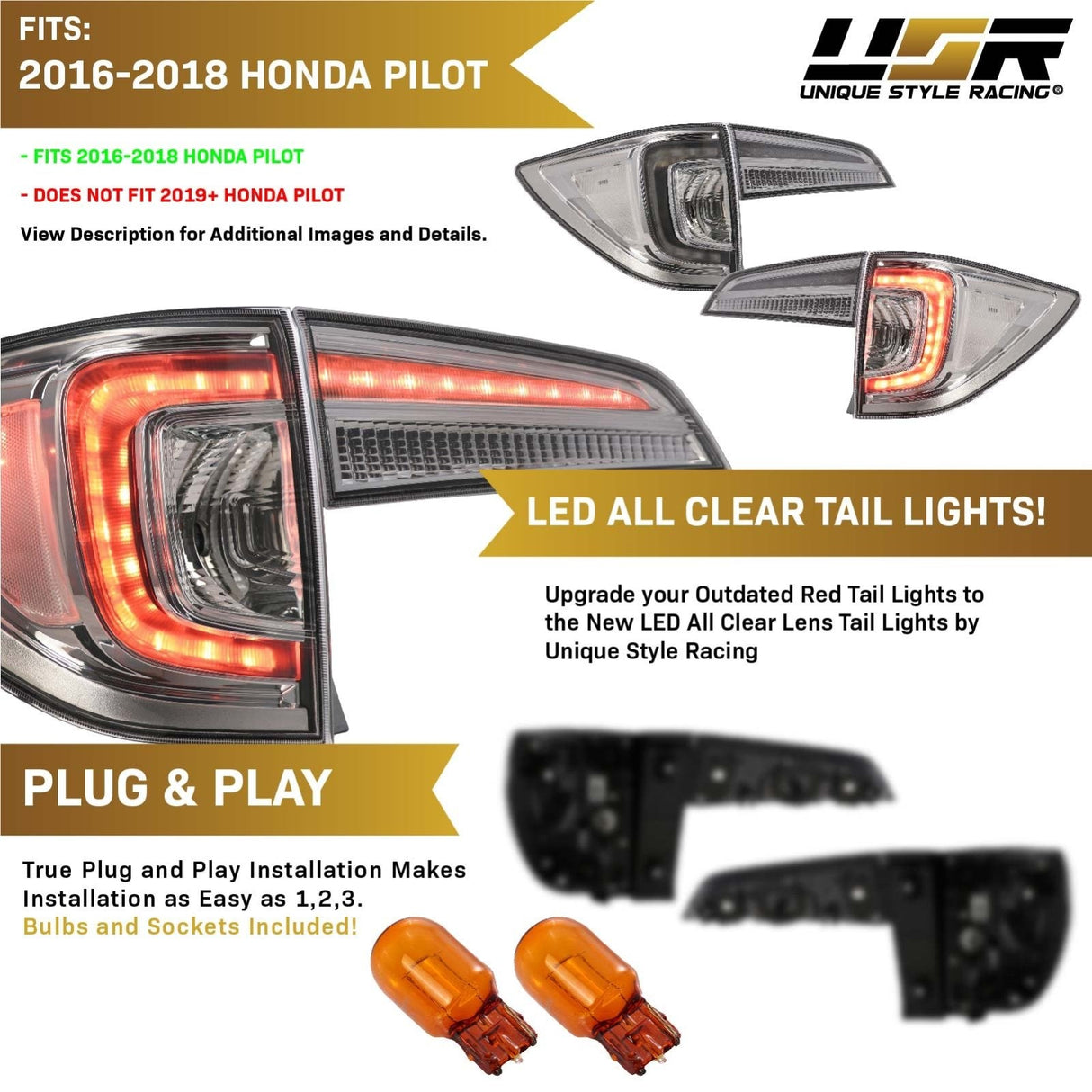 2016-2018 Honda Pilot All Clear Rear Tail Lights Set