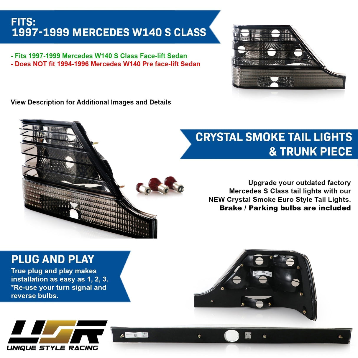 1994-1999 Mercedes W140 S Class Smoke Tail Light Set