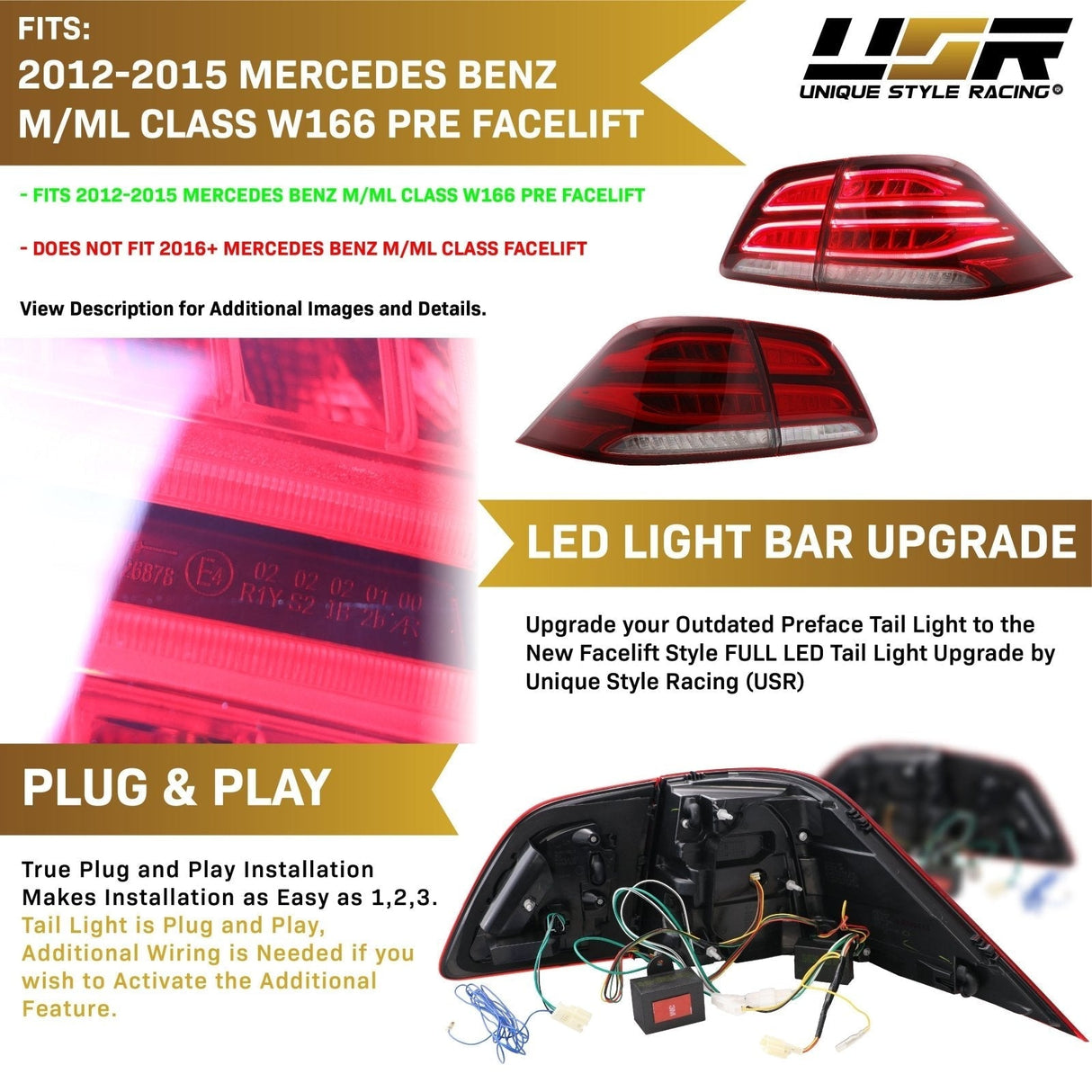 2012-2015 Mercedes W166 M Class GLE Look 4pcs Red/Clear LED Tail Lights