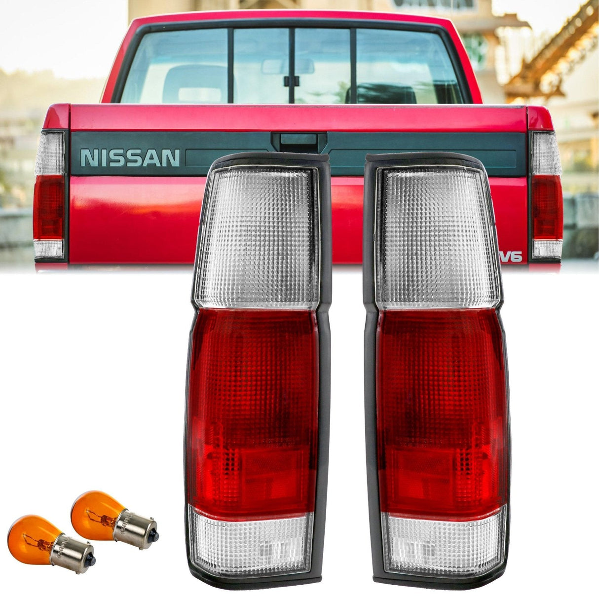1986-1997 Nissan Pickup Truck Hardbody Red/Clear Tail Lights Set