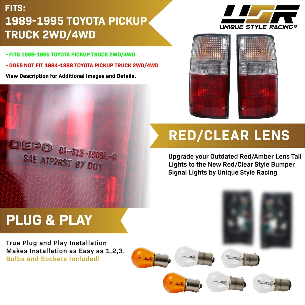 1989-1995 Toyota Pickup Red/Clear Tail Lights