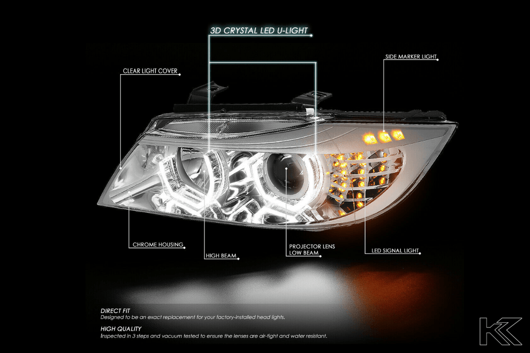 BMW 3-Series E90 Chrome 3D LED Halo Headlights - White - K2 Industries