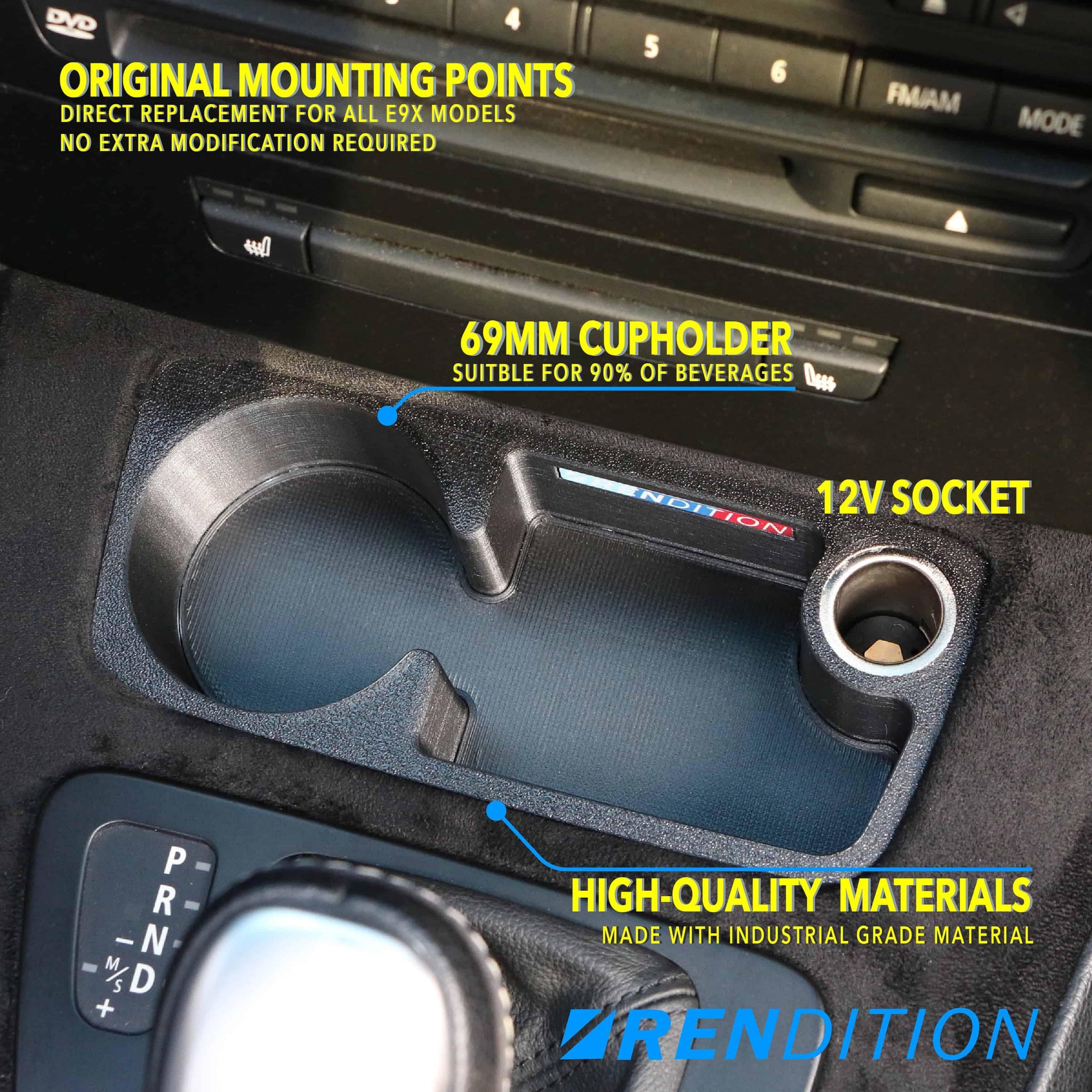 BMW E9X Front Cupholder + 12V Socket - K2 Industries