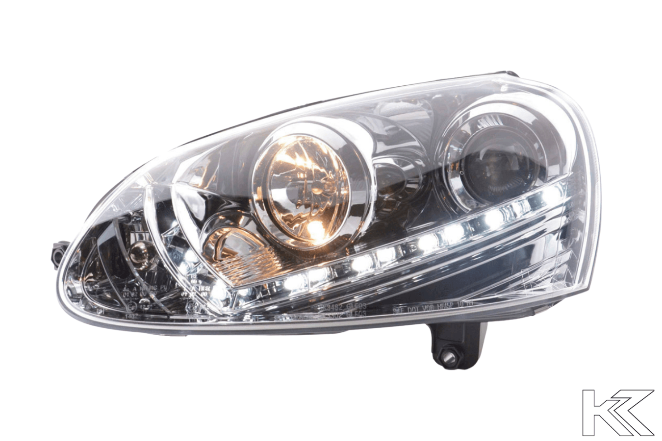 Volkswagen Golf 5 Chrome LED Headlights with Daytime Running Lights (2003 - 2008) - With R87 approval - K2 Industries